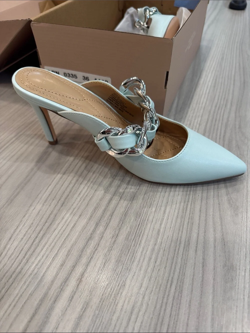 Elegant Light Blue Pointed Toe Heels with Chain Accent